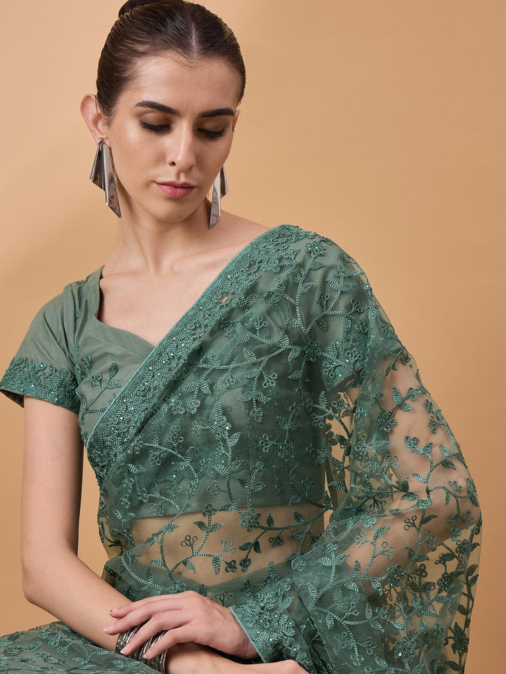 Lassya Fashion Green Party Wear Floral Mirror Work Net Saree