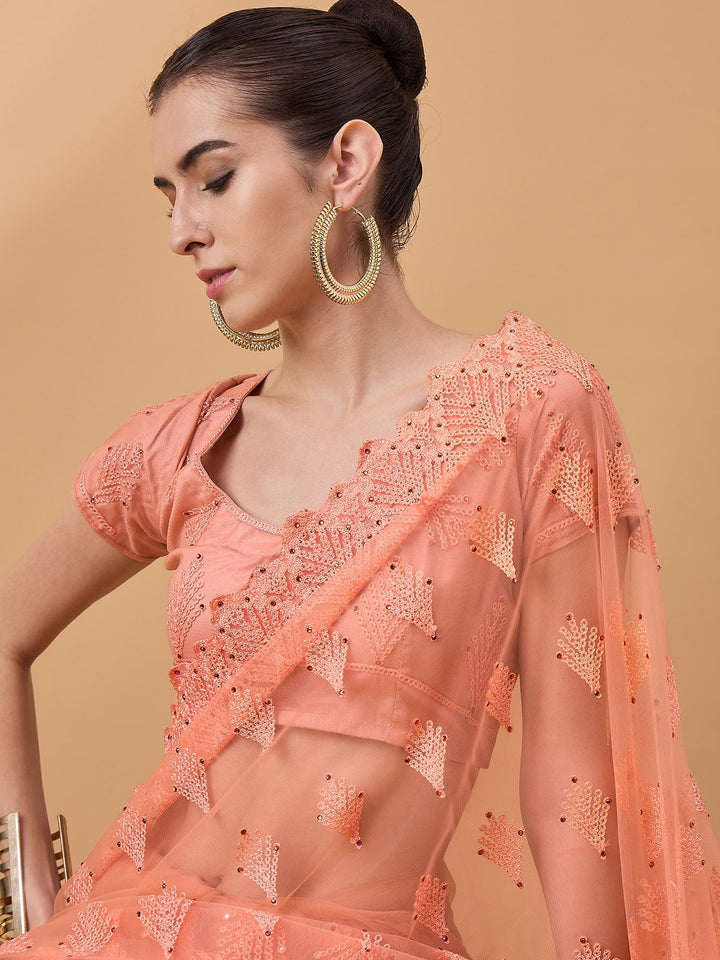 Lassya Fashion Orange Party Wear Floral Mirror Work Net Saree