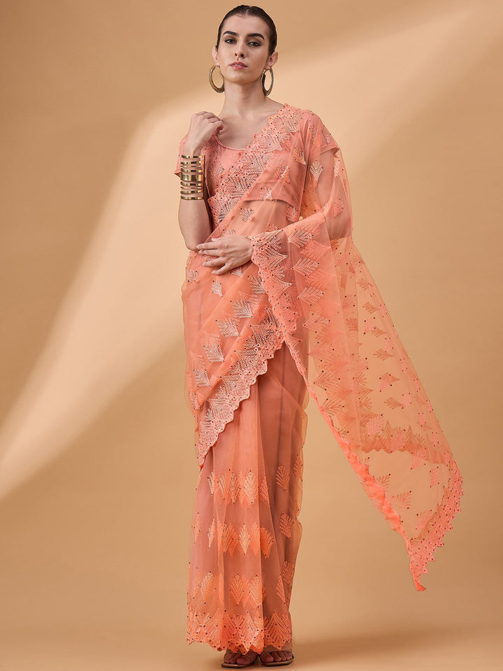 Lassya Fashion Orange Party Wear Floral Mirror Work Net Saree