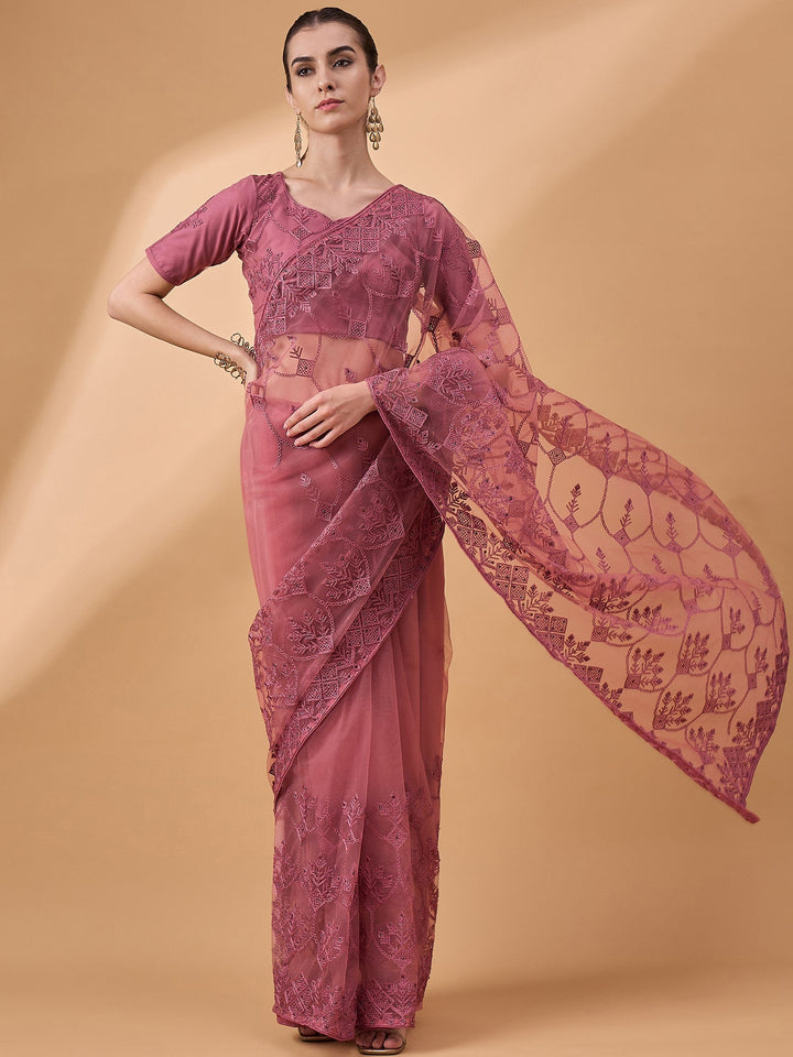 Lassya Fashion Peach Party Wear Floral Mirror Work Net Saree