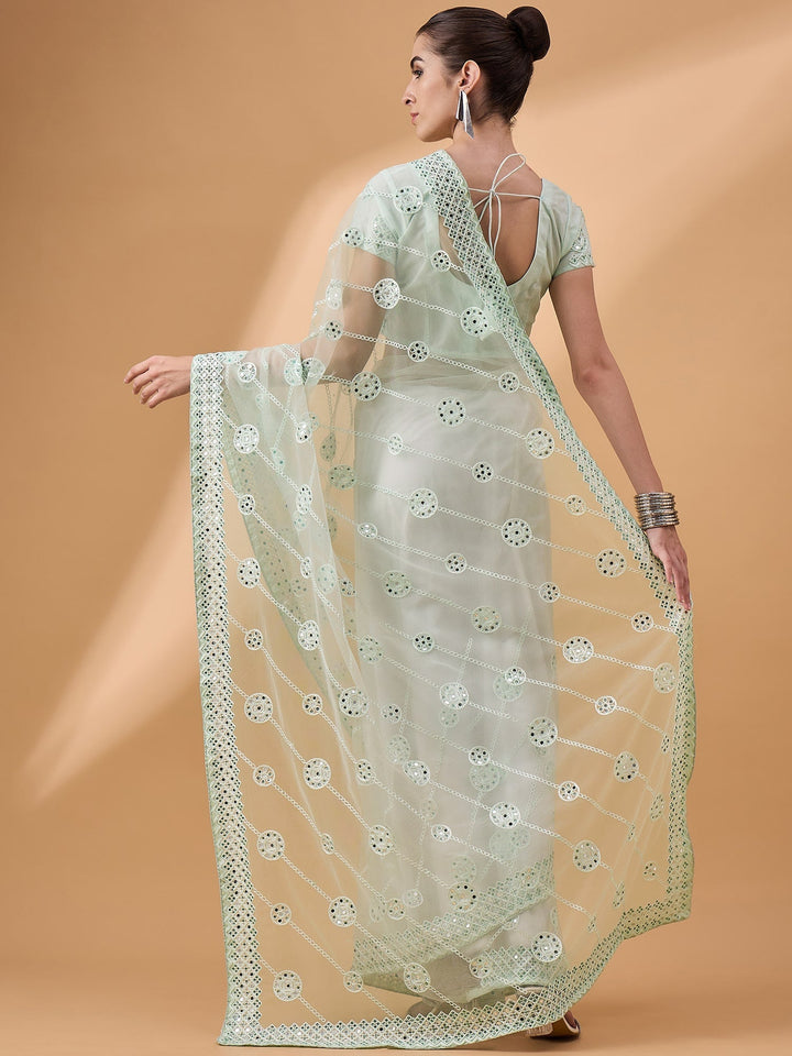 Lassya Fashion Sea green Party Wear Floral Mirror Work Net Saree