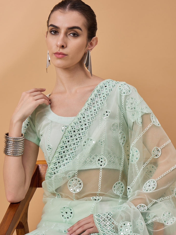 Lassya Fashion Sea green Party Wear Floral Mirror Work Net Saree