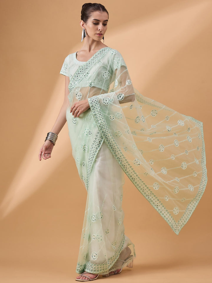 Lassya Fashion Sea green Party Wear Floral Mirror Work Net Saree