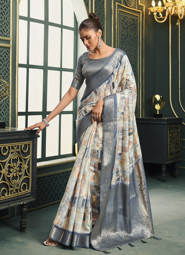 Lassya Fashion Grey Festive Wear Saree with Model Cotton and Digital Print