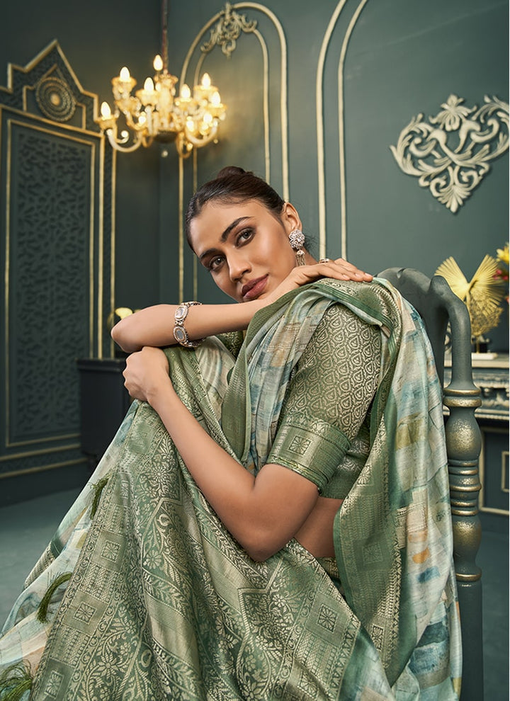 Lassya Fashion Olive Green Festive Wear Saree with Model Cotton and Digital Print