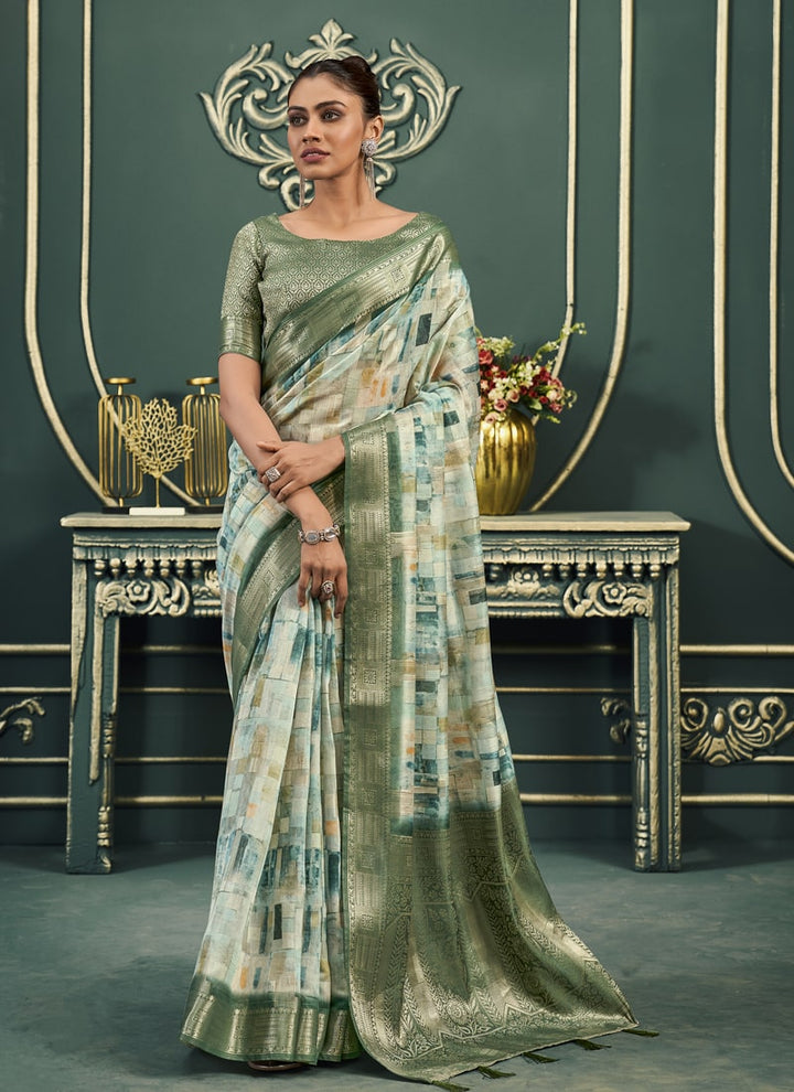 Lassya Fashion Olive Green Festive Wear Saree with Model Cotton and Digital Print