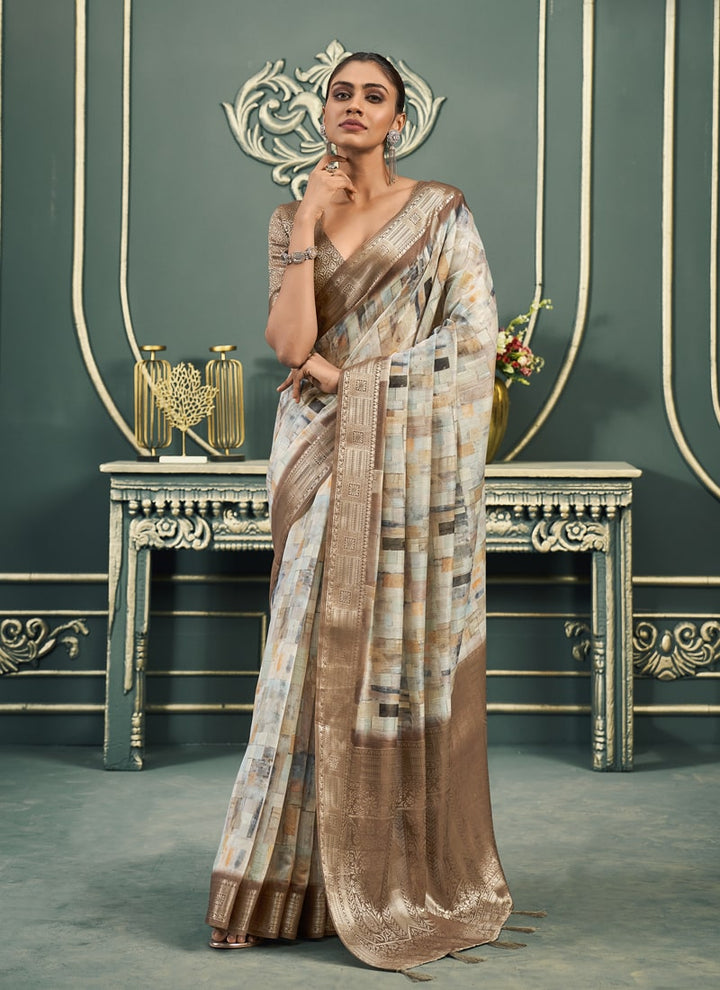 Lassya Fashion Beige Festive Wear Saree with Model Cotton and Digital Print