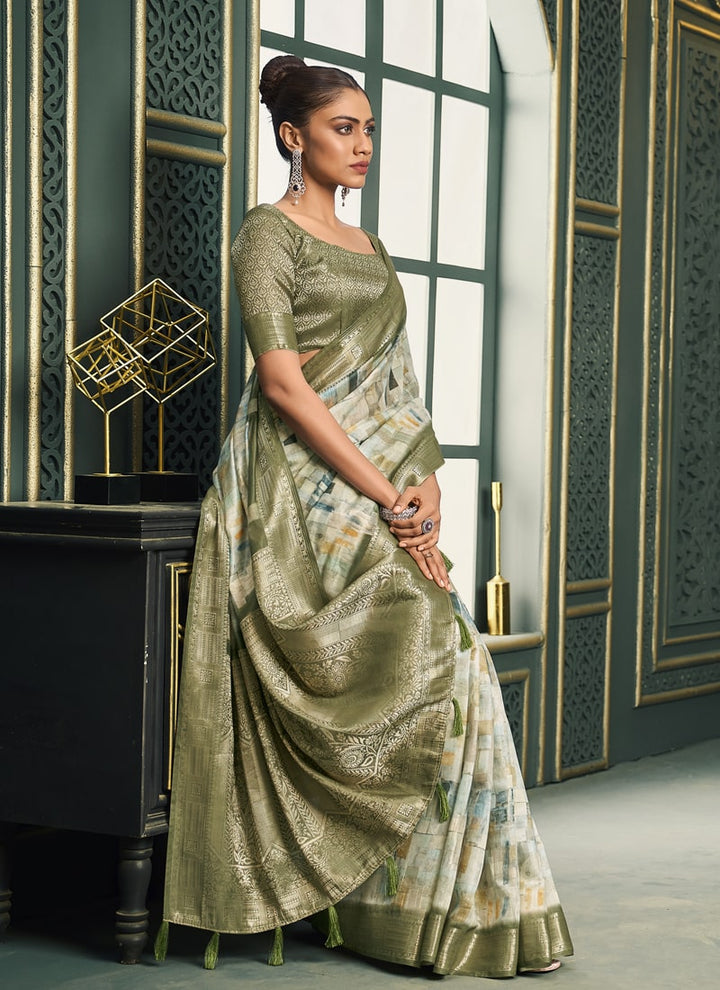 Lassya Fashion Sage Green Festive Wear Saree with Model Cotton and Digital Print