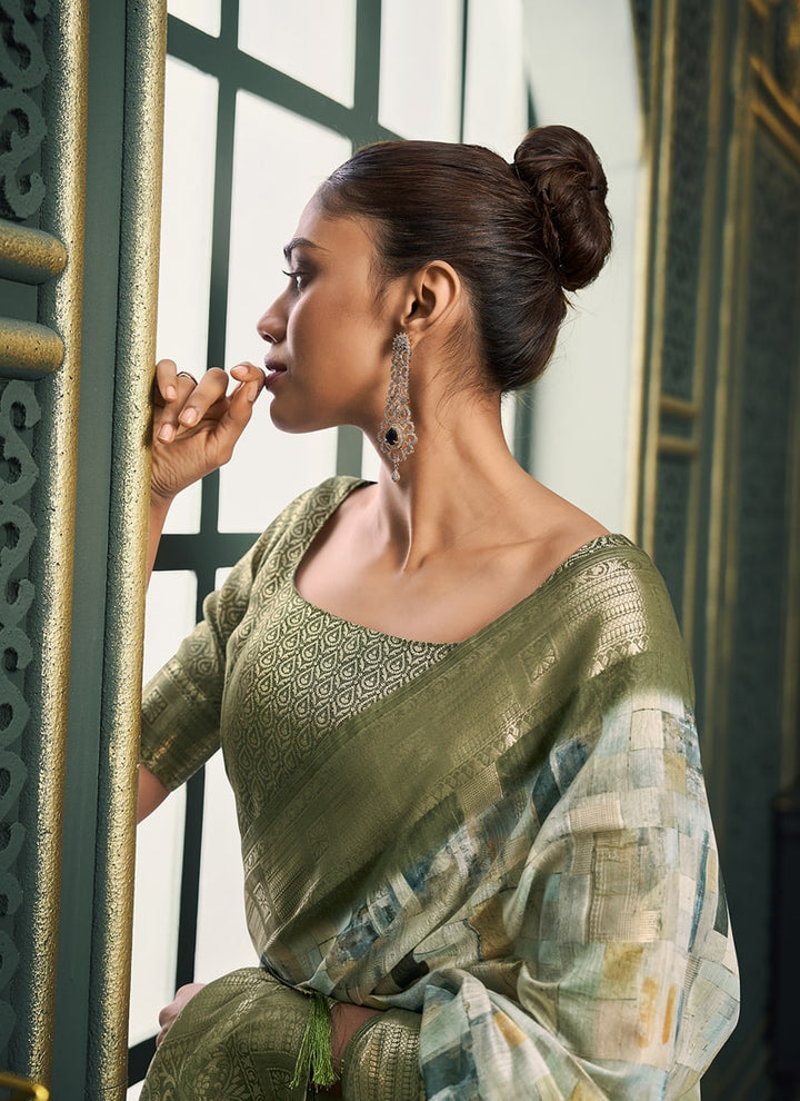 Lassya Fashion Sage Green Festive Wear Saree with Model Cotton and Digital Print