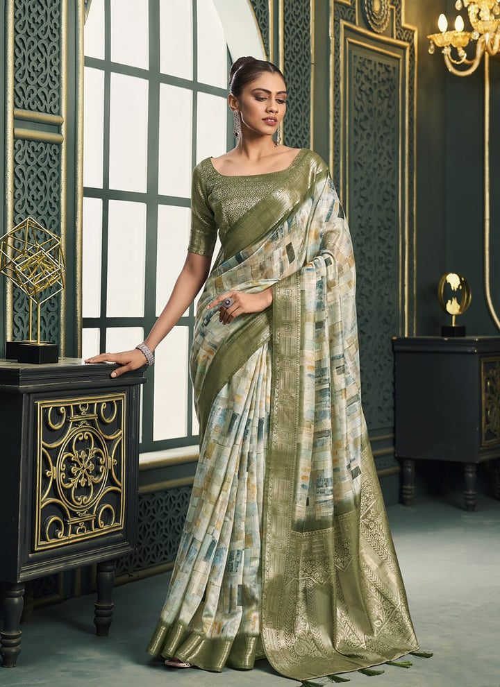 Lassya Fashion Sage Green Festive Wear Saree with Model Cotton and Digital Print