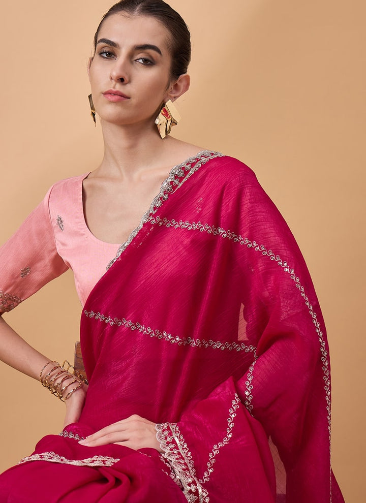 Lassya Fashion Ruby Pink Embroidered Work Festive Wear Saree