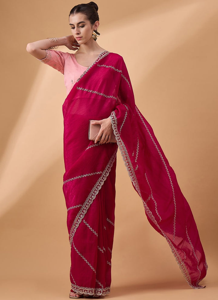 Lassya Fashion Ruby Pink Embroidered Work Festive Wear Saree