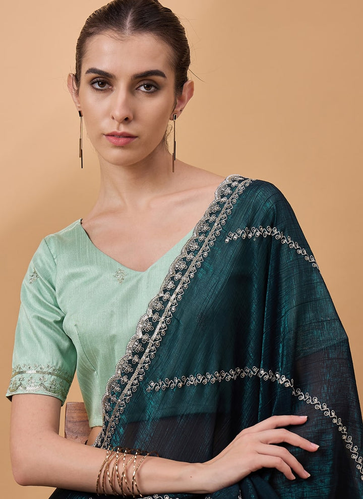 Lassya Fashion Bottle Green Embroidered Work Festive Wear Saree