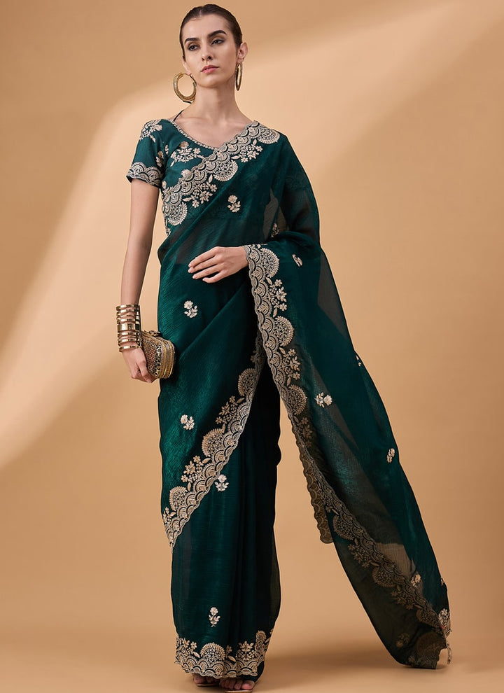 Lassya Fashion Forest Green Embroidered Work Festive Wear Saree