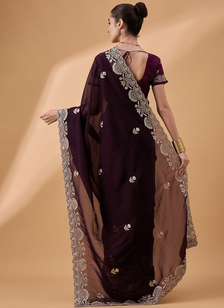 Lassya Fashion Maroon Embroidered Work Festive Wear Saree