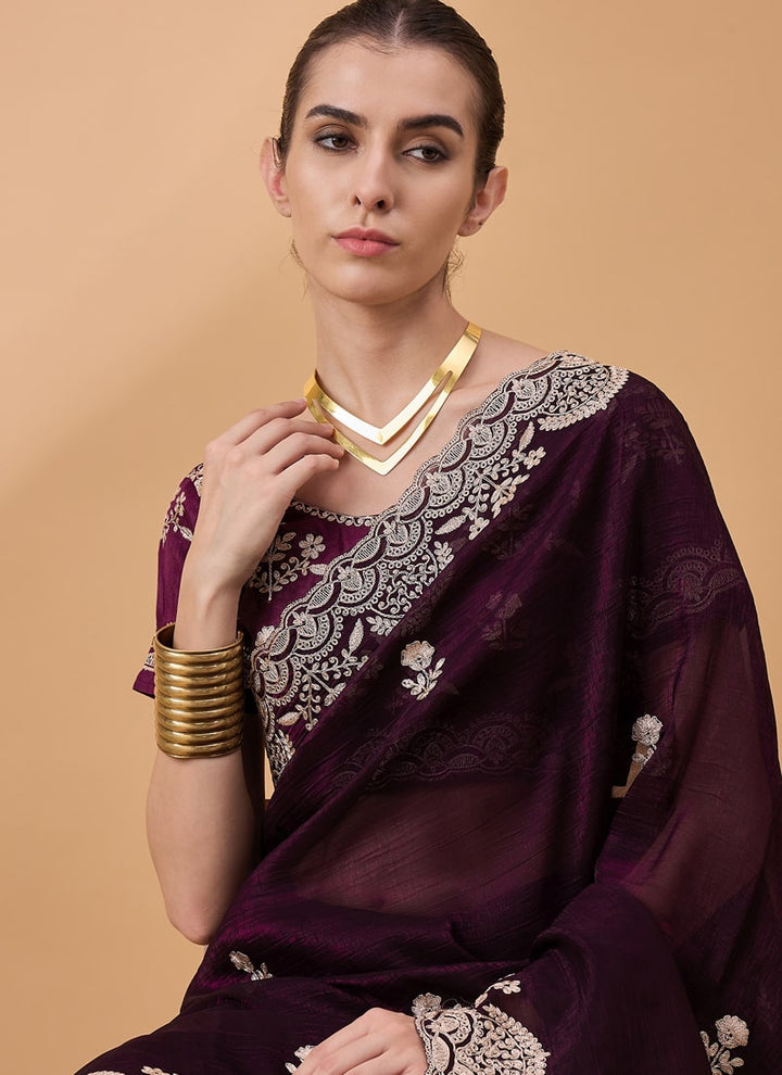 Lassya Fashion Maroon Embroidered Work Festive Wear Saree