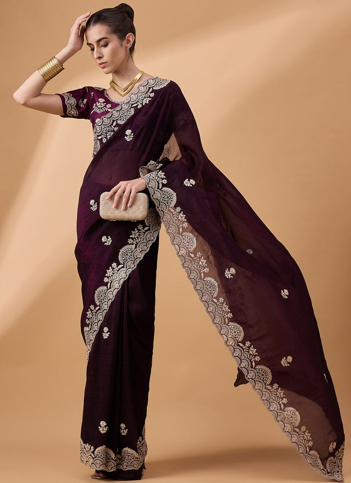 Lassya Fashion Maroon Embroidered Work Festive Wear Saree