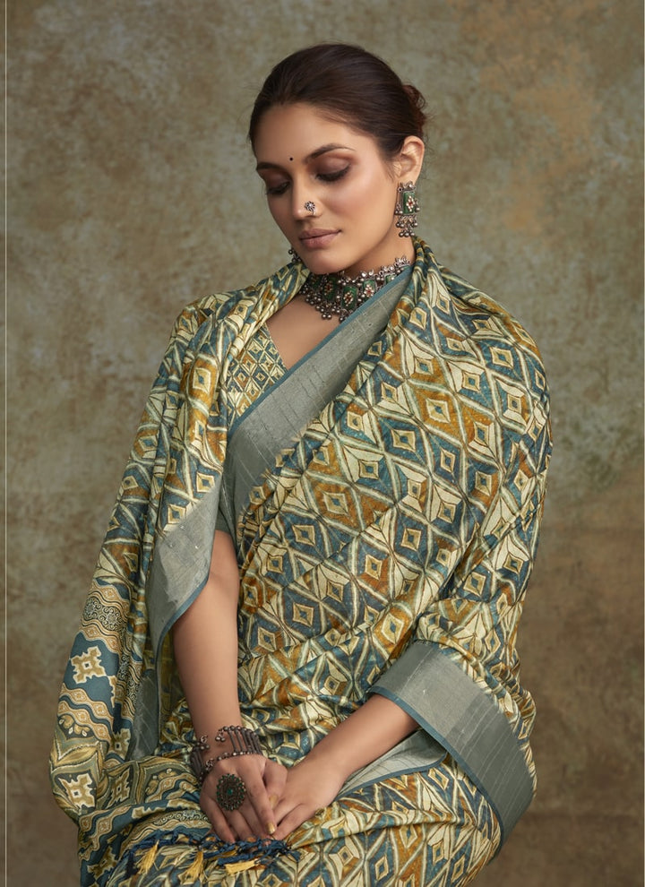 Lassya Fashion Pine Green Printed Saree with Zari Border and Sequence Work