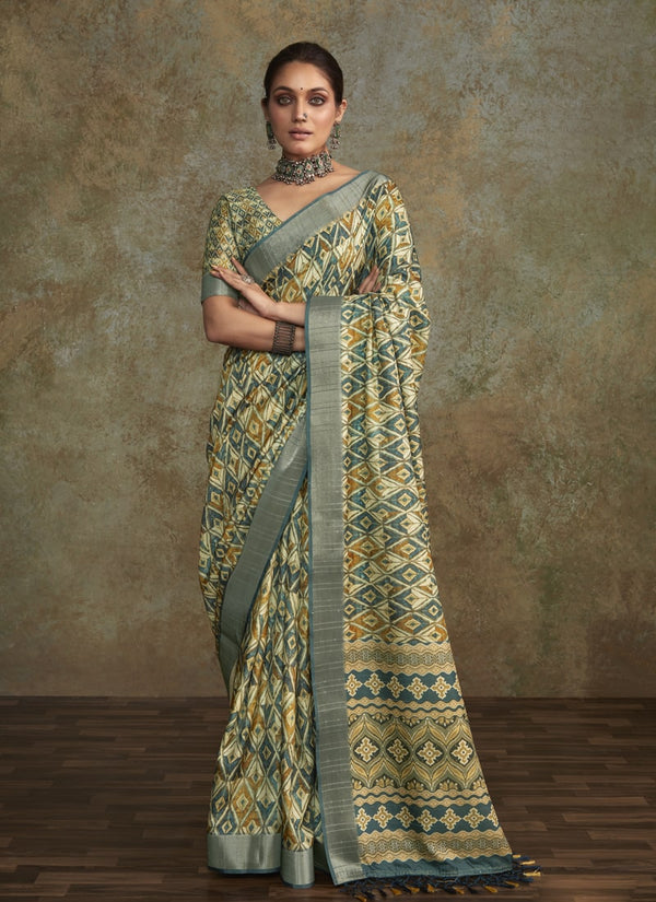 Lassya Fashion Pine Green Printed Saree with Zari Border and Sequence Work