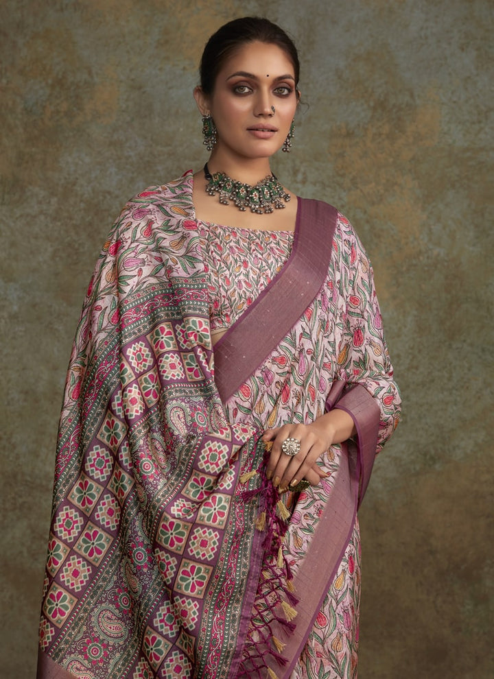 Lassya Fashion Mauve Pink Printed Saree with Zari Border and Sequence Work