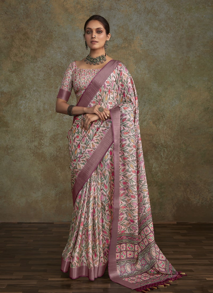 Lassya Fashion Mauve Pink Printed Saree with Zari Border and Sequence Work