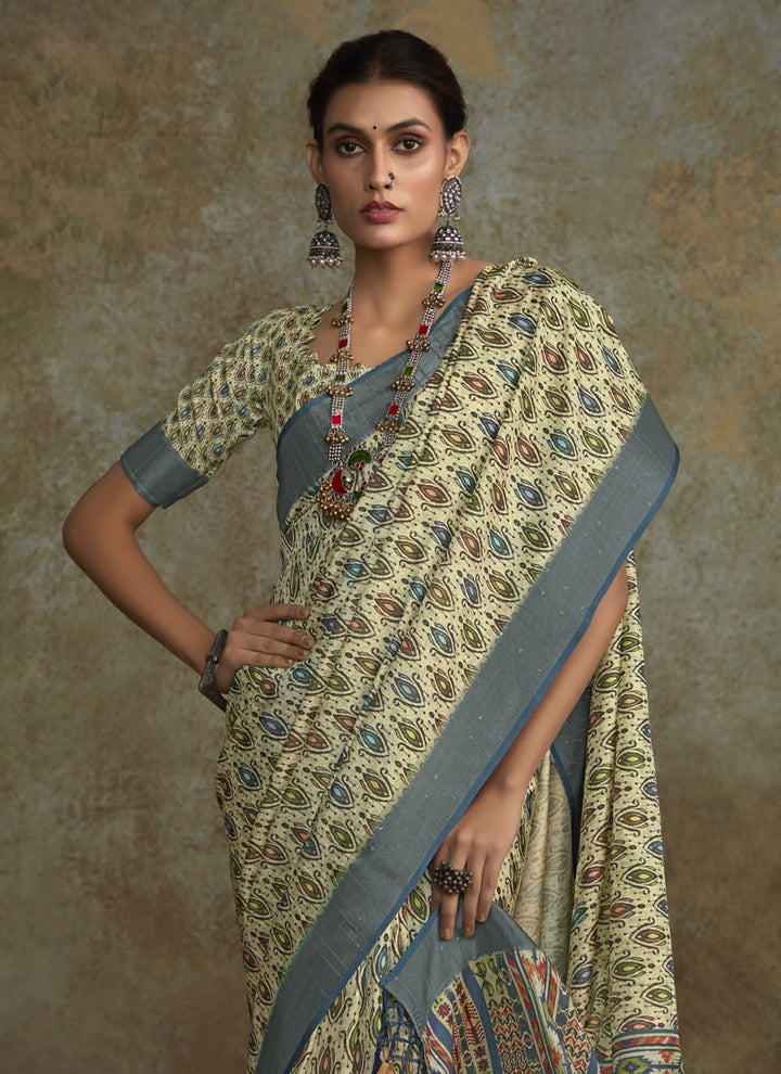 Lassya Fashion Pale Yellow Printed Saree with Zari Border and Sequence Work