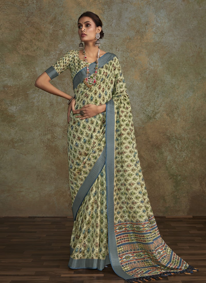 Lassya Fashion Pale Yellow Printed Saree with Zari Border and Sequence Work