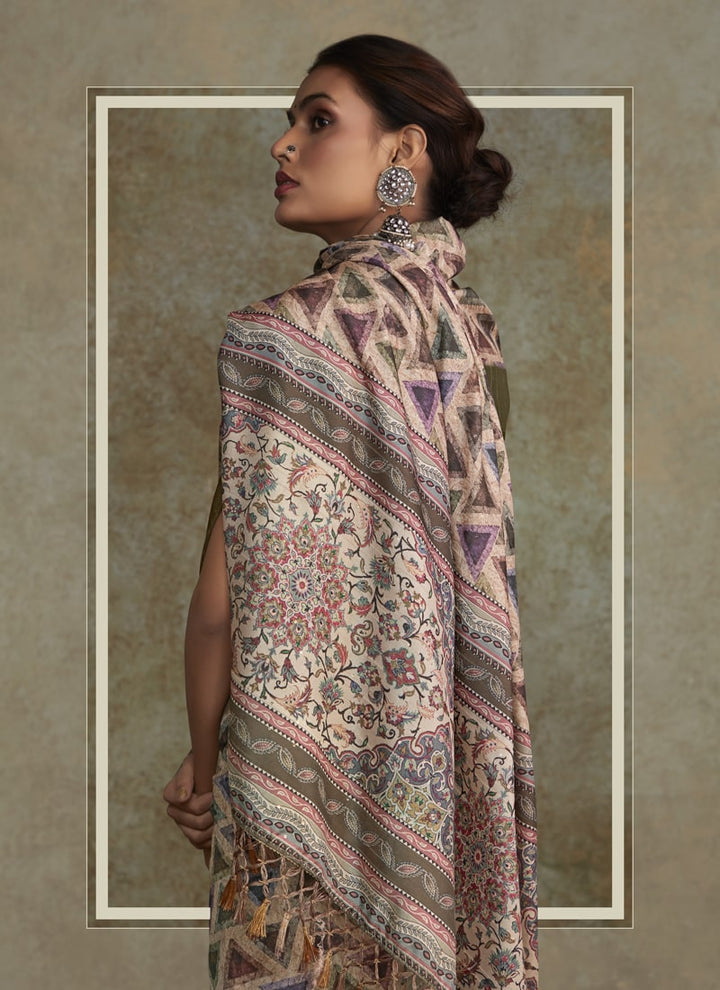 Lassya Fashion Cream Printed Saree with Zari Border and Sequence Work