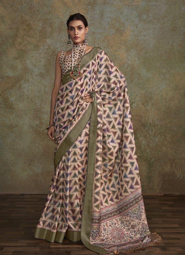 Lassya Fashion Cream Printed Saree with Zari Border and Sequence Work