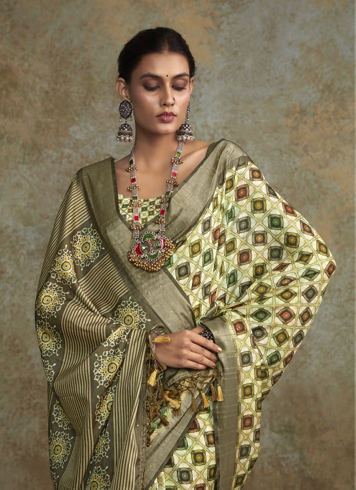 Lassya Fashion Olive Green Printed Saree with Zari Border and Sequence Work