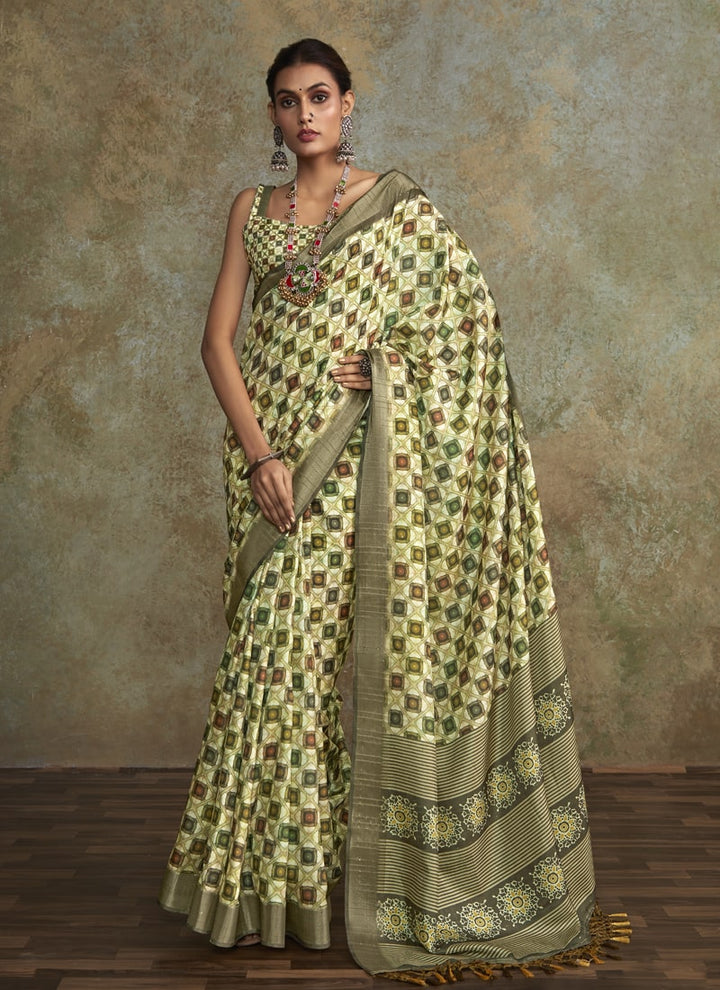 Lassya Fashion Olive Green Printed Saree with Zari Border and Sequence Work