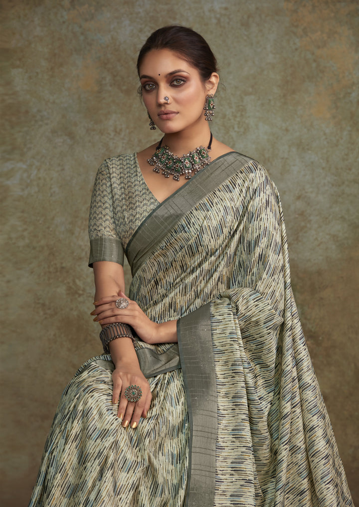 Lassya Fashion Grey Printed Saree with Zari Border and Sequence Work