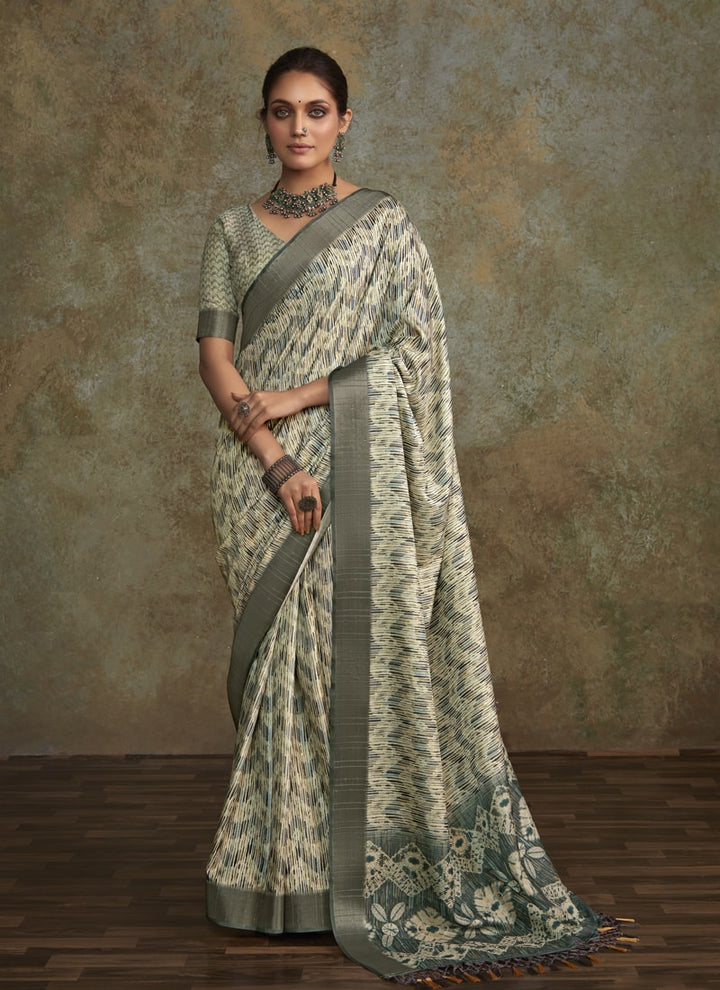 Lassya Fashion Grey Printed Saree with Zari Border and Sequence Work