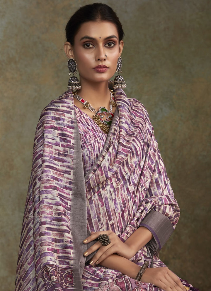 Lassya Fashion Lavender Printed Saree with Zari Border and Sequence Work