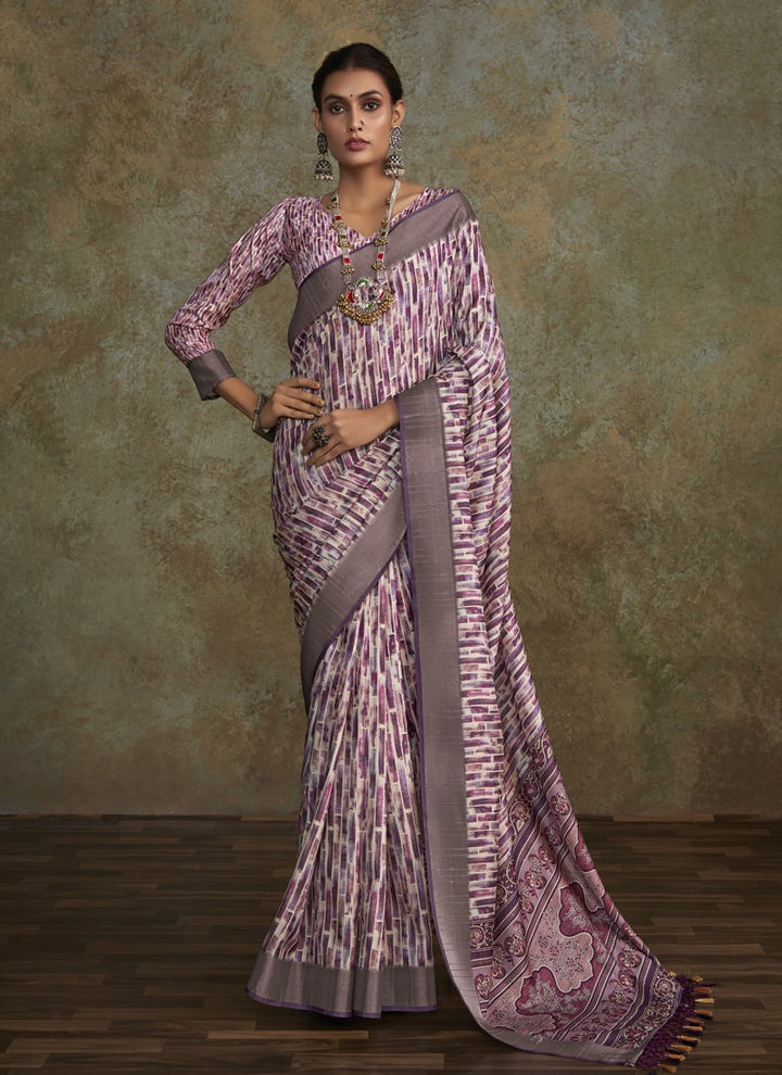 Lassya Fashion Lavender Printed Saree with Zari Border and Sequence Work