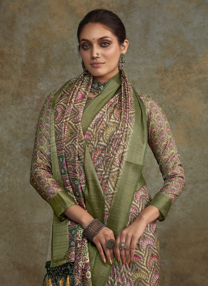 Lassya Fashion Sage Green Printed Saree with Zari Border and Sequence Work