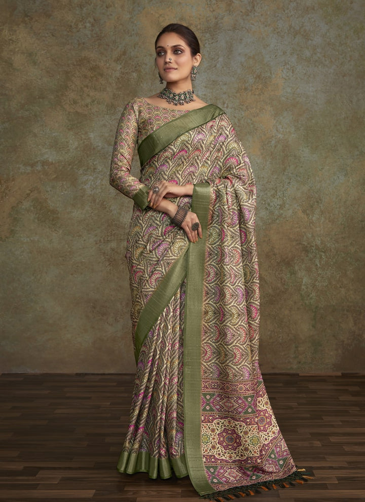 Lassya Fashion Sage Green Printed Saree with Zari Border and Sequence Work