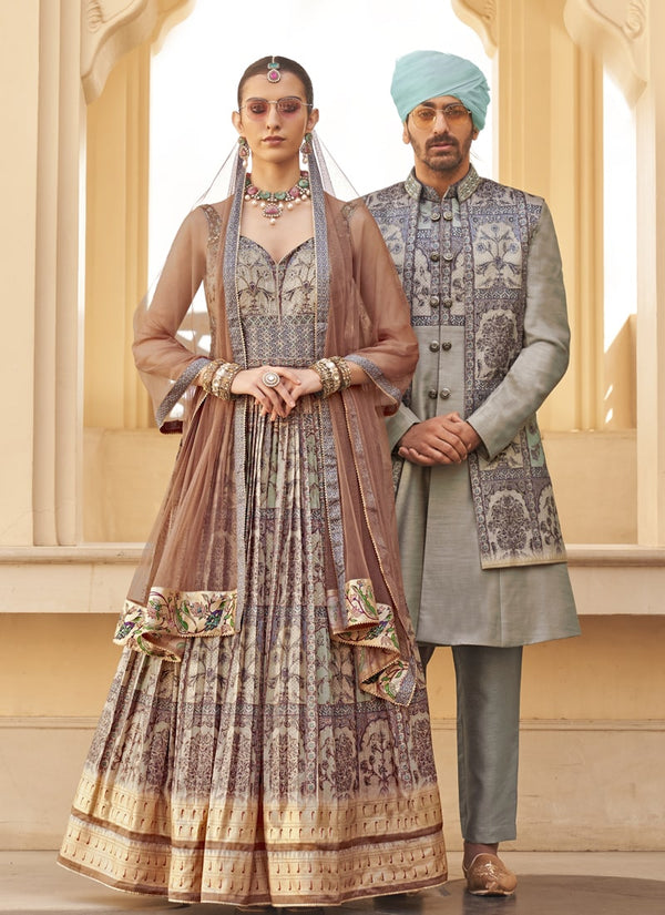 Lassya Fashion Grey Couple Matching Color Wedding Gown and Kurta Set