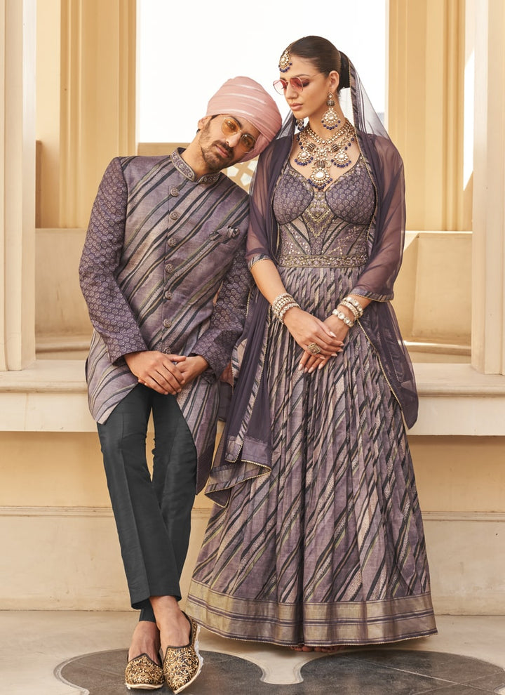 Lassya Fashion Purple Couple Matching Color Wedding Gown and Kurta Set