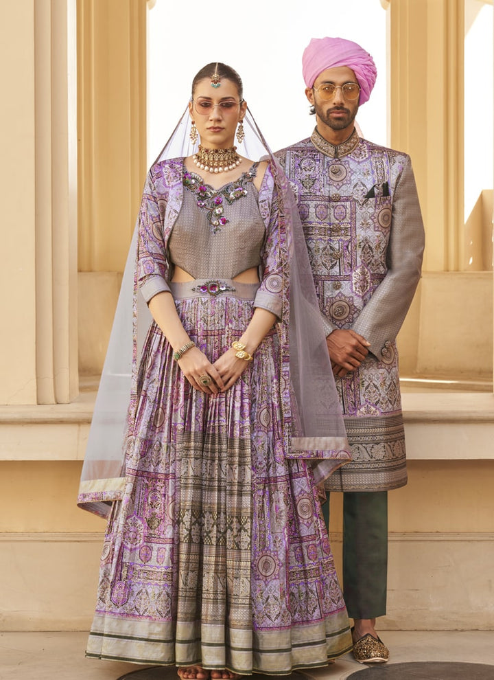 Lassya Fashion Lavender-1 Couple Matching Color Wedding Gown and Kurta Set