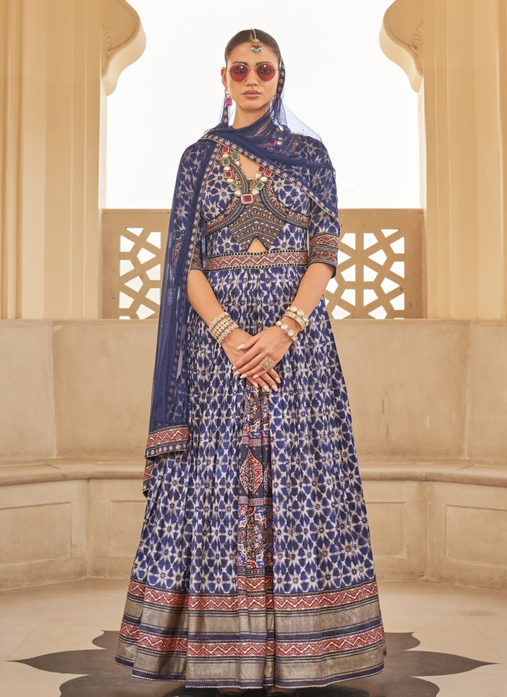 Lassya Fashion Navy Blue Couple Matching Color Wedding Gown and Kurta Set