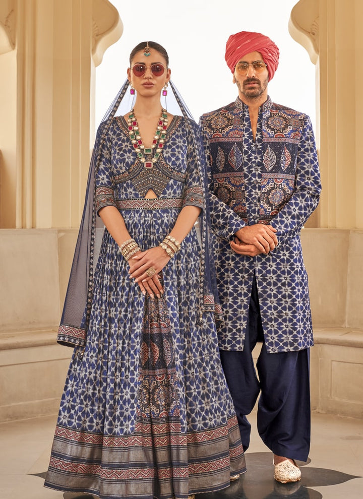 Lassya Fashion Navy Blue Couple Matching Color Wedding Gown and Kurta Set