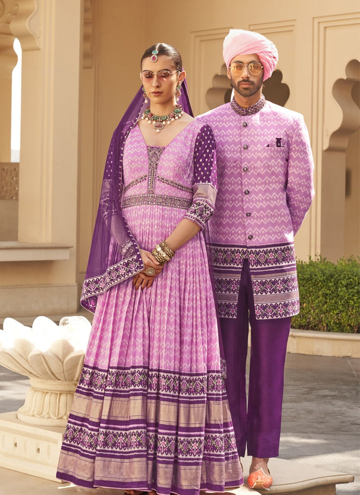 Lassya Fashion Lavender-2 Couple Matching Color Wedding Gown and Kurta Set