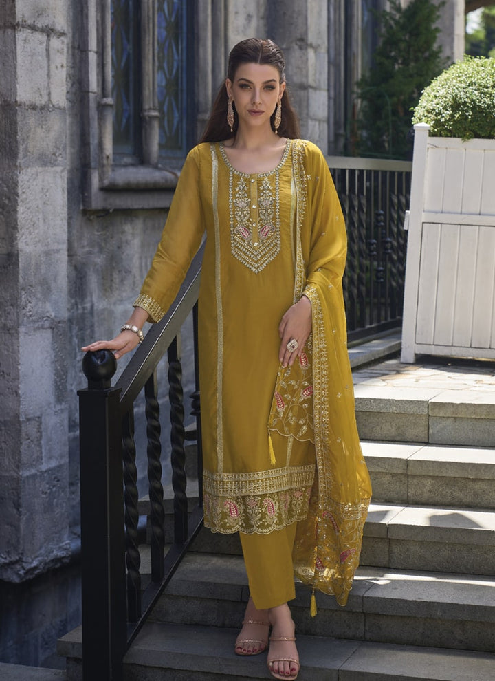 lassya Fashion Mustard Yellow Embroidered Organza Salwar Suit with Silk Bottom