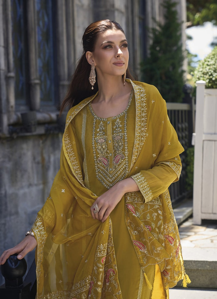 lassya Fashion Mustard Yellow Embroidered Organza Salwar Suit with Silk Bottom