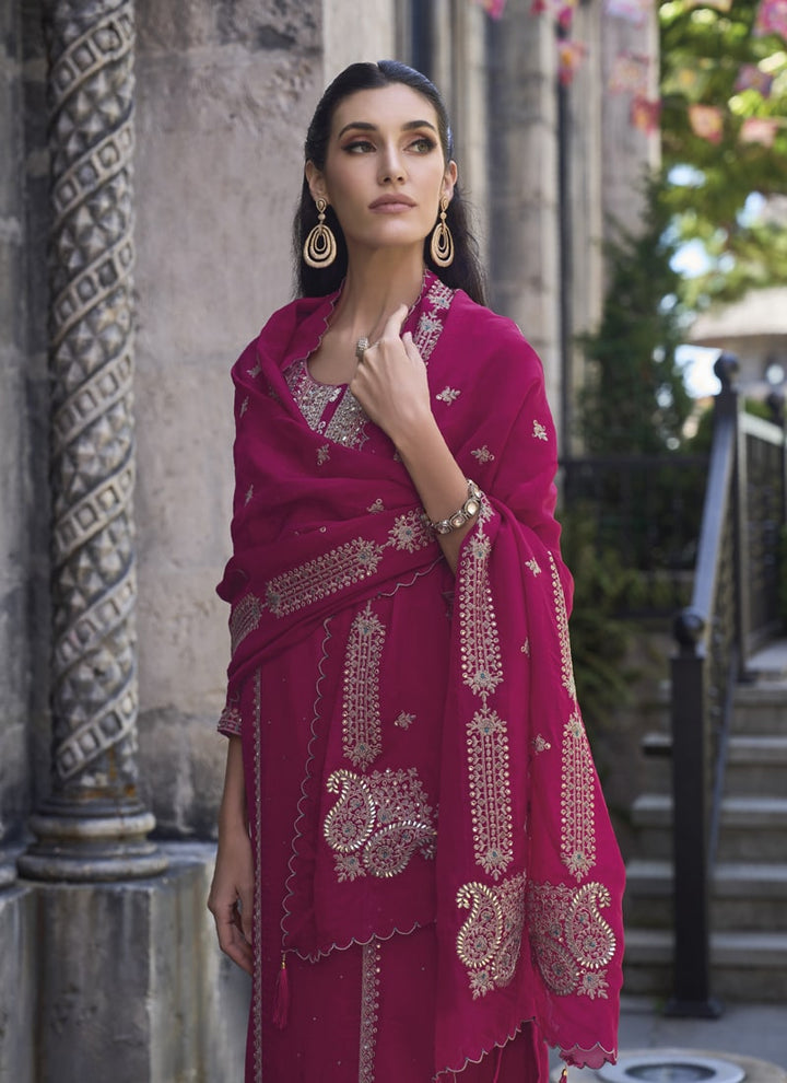 lassya Fashion Ruby Pink Embroidered Organza Salwar Suit with Silk Bottom