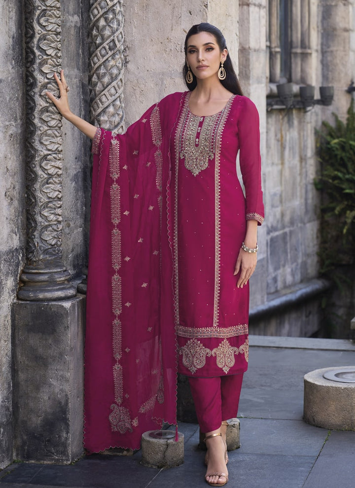 lassya Fashion Ruby Pink Embroidered Organza Salwar Suit with Silk Bottom