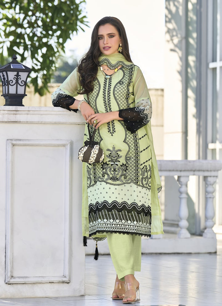 lassya Fashion Pista green Embroidered Organza Straight Salwar Suit with Silk Bottom