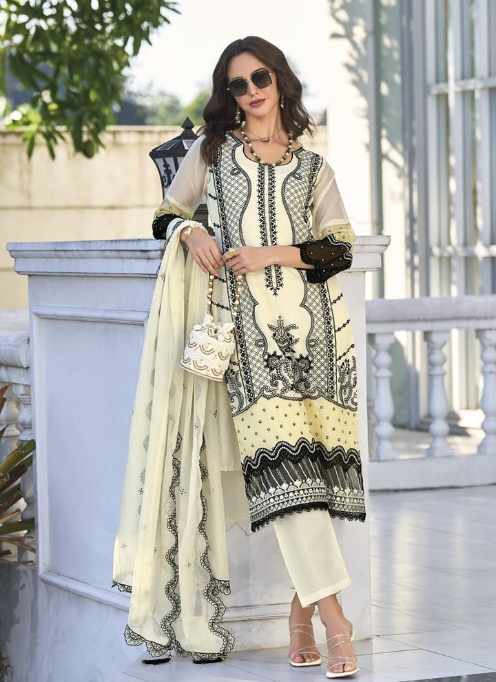 lassya Fashion Pearl White Embroidered Organza Straight Salwar Suit with Silk Bottom