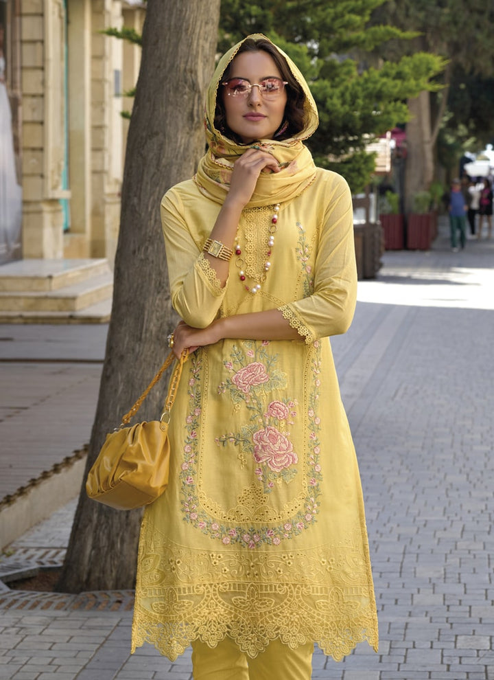 lassya Fashion Yellow Pakistani Embroidered Cotton Suit with Digital Print Dupatta